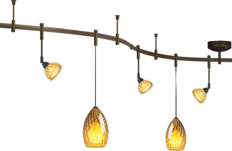 Tech Lighting Monorail in Antique Bronze Finish, Tilt Heads with Firebird Glass Shield Accessories and Firebird Pendants in Owl Amber glass