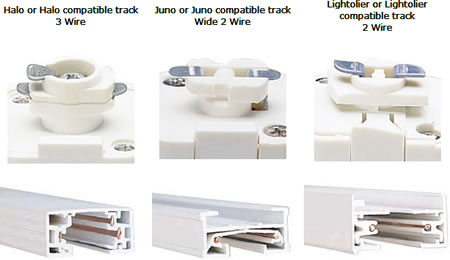 There are 3 standard types of track lighting. Halo or Halo compatible (H), Juno or Juno compatible (J) and Lightolier or Lightolier compatible (L).