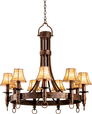 This Rustic Chandelier from Kalco has the feel of early hand-forged lighting. The leather wrapped shades are reminiscent of Western Themed and Cowboy Style lighting.