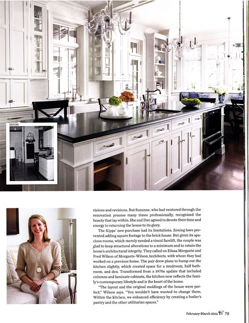 "Enhanced by a pair of elegant crystal chandeliers, the all white kitchen exudes glamour." Traditional Home February March 2014