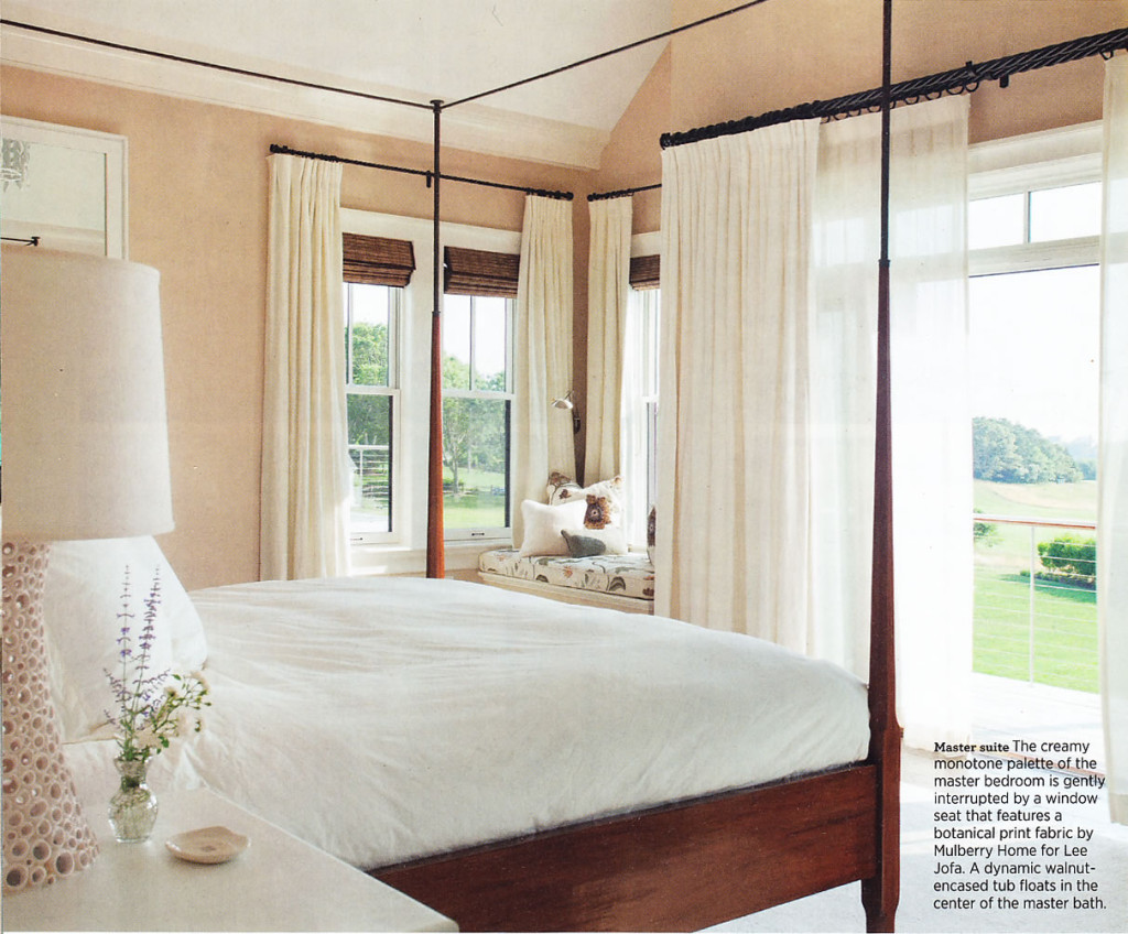 The creamy monotone palette of the master bedroom is gently interrupted by a window seat that features a botanical print fabric by Mulberry Home for Lee Jofa. Architectural and interior designer Daniel Reynolds