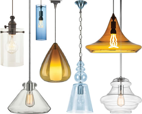 Glass Pendants in cased or blown glass. Suspended from chain, cable or rods these pendants coordinate with a variety of interior styles. Similar to mini pendants, but larger.