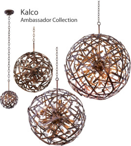 Kalco Ambassador Collection - Spherical Pendants in three sizes and a coordinating wall sconce all feature a Copper Patina finish. The unique criss-crossing straps work in a transitional, urban or contemporary interior.