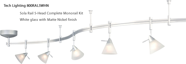 Tech Lighting 800RAL5WHN Sola Rail 5-Head Complete Monorail Kit - White glass with Matte Nickel finish