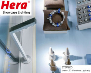 Hera’s new Stem-LED is an adjustable stem light you mount to a surface direct light wherever you want in a merchandise showcase. It uses only 5 W of LEDs, but has an extremely high and even light output. Perfect to bring out the sparkle in your jewelry cases.