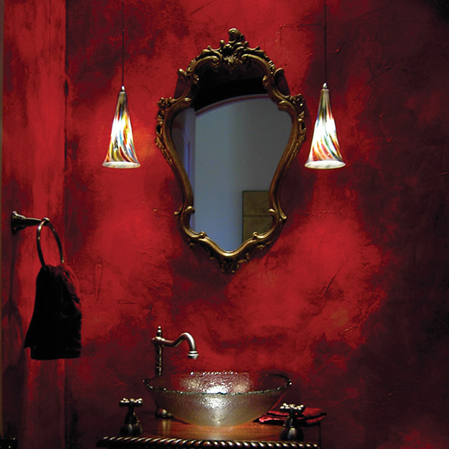 Exotic bath with two WAC G614 Passion European Pendants with Millefiori glass hand crafted in Italy on either side of a Rococo mirror. Red Italian plaster wall. Blown glass basin.