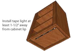 Install tape light at least 1-1/2″ away from cabinet lip to prevent shadowing on counter top surface.