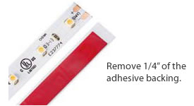 Prepare tape Completely remove 1/4″ of the adhesive backing from either end of the tape that will be inserted into the connector. installation-3If the adhesive backing is not removed, this may cause damage to the connector.