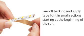 Apply LED Tape Remove 3M backing from tape light and apply. Make sure to press between the LED’s and other components. Pressing on the LED’s and other components will result in damage to the tape.