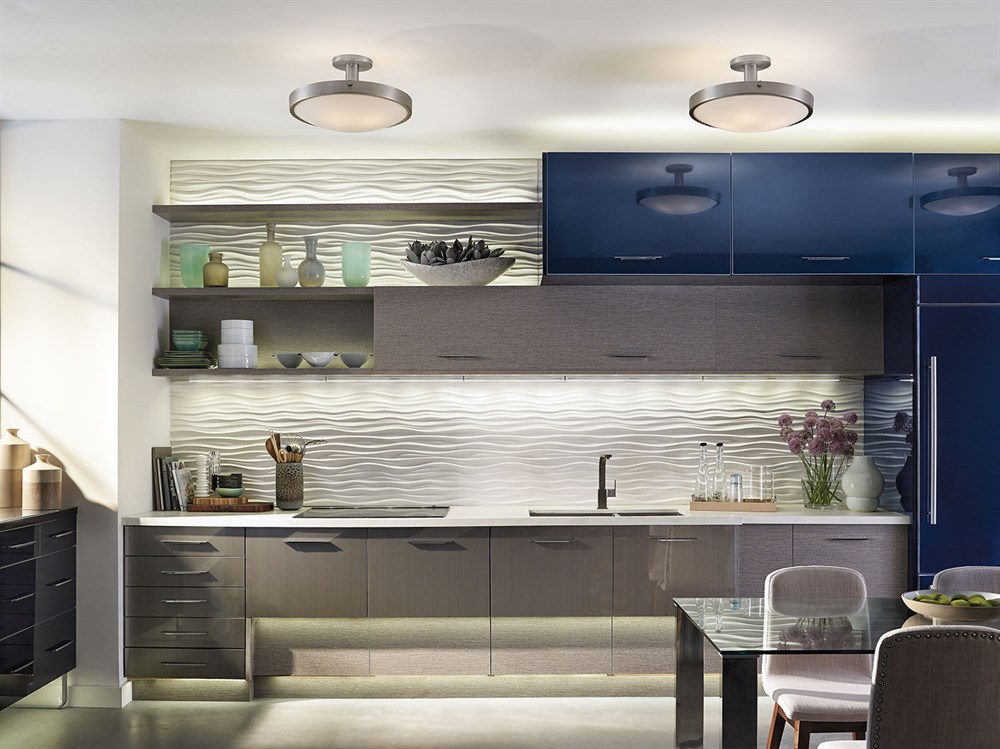 Contemporary Kitchen with Kichler 42246NI semi flush ceiling lights and Design Pro LED 2700K cabinet lights 