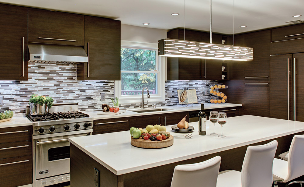 Contemporary Kitchen with Tech Lighting 700LSRVL Revel Linear Pendant suspended over bar