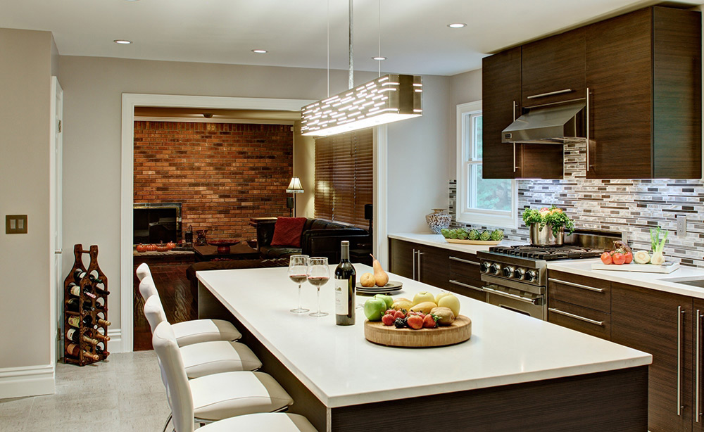 Contemporary Kitchen with Tech Lighting 700LSRVL Revel Linear Pendant suspended over bar