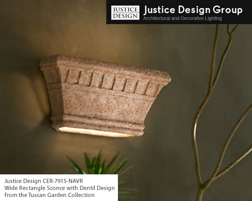 Justice Design CER-7915 or CER-7915W rated for wet location Wide Rectangle Sconce with Dentil Design from the Tuscan Garden Collection Hand-Cast and Hand-Finished Ceramic: Justice Design Group's ceramic collection features hand-cast, hand-textured and hand-finished ceramic fixtures which can create a mood, complement a theme, or simply add the perfect accent. Sconces shown on this page are available rated for indoor or outdoor damp location use.