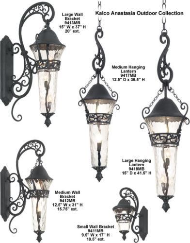 Kalco Anastasia Outdoor Collection Anastasia's playful elegance adds sophistication and charm to any exterior. This Outdoor Collection is available in Textured Matte Black or Walnut finish. finish. Clear hammered glass is included with all finishes.