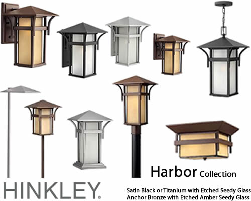 Hinkley Lighting Harbor Outdoor Collection The Mission Style Harbor Collection from Hinkley Lighting has an updated nautical feel, with a style inspired by the clean, strong lines of a welcoming lighthouse. The cast aluminum and brass construction is accented by bold stripes against the seedy glass.