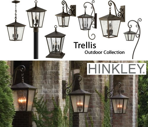 Hinkley Lighting Trellis Outdoor Collection Trellis by Hinkley Lighting is a collection of traditional European-style lanterns designed in a Regency Bronze finish with dense clear seedy glass. The large scroll arm detail, cast loop finial and true rivet detail create a refined elegance. The collection includes wall lanterns in many sizes, post, pier and hanging lantern and coordinating path lights.