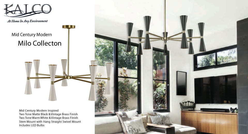 Kalco's Milo Collection combines Mid-Century Modern sensibilities with modern LED technology. Constructed of steel, then finished in your choice of Two-tone Matte Black or Warm White with Vintage Brass.