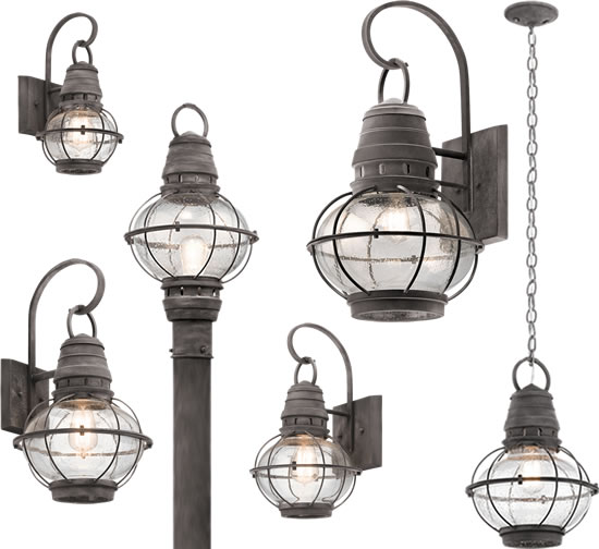 Kichler's Bridge Point collection embodies the classic styling of nautical and railway lighting. It features a Weathered Zinc finish surrounding Clear Seeded glass. The collection includes a pendant, post light and wall brackets in four sizes.