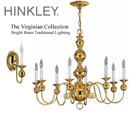 Hinkley's Virginian Collection captures a pure, classic elegance in either Pewter or Polished Brass finish. The collection includes chandeliers and coordinating single and double wall bracket sconces cast in solid brasss With a cast center column, round spun accents and white candle sleeves. Optional black parchment shades with gold metallic lining complete its grand presence.