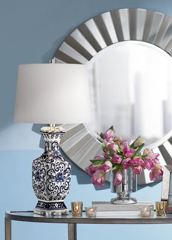 Barnes and Ivy MC02258-A 29” Iris Blue and White Ceramic Table Lamp with Crystal Base