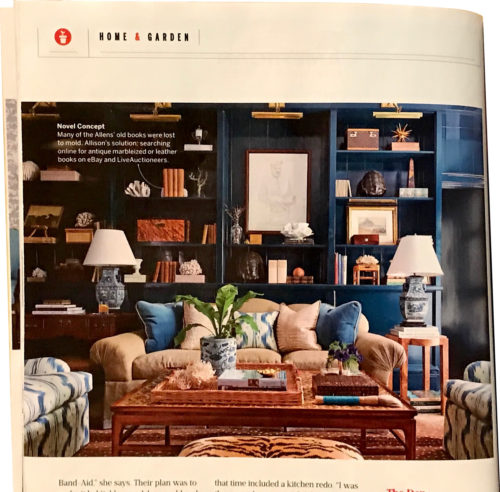 The library has two blue and white lamps. and a plant in a blue and white pot - Southern Living January 2018, article by Elizabeth Passarella with photographs by Hector Manuel Sanchez.