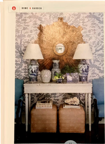 The entry has two blue and white lamps with a collection of coordinating blue transferware - Southern Living January 2018, article by Elizabeth Passarella with photographs by Hector Manuel Sanchez.