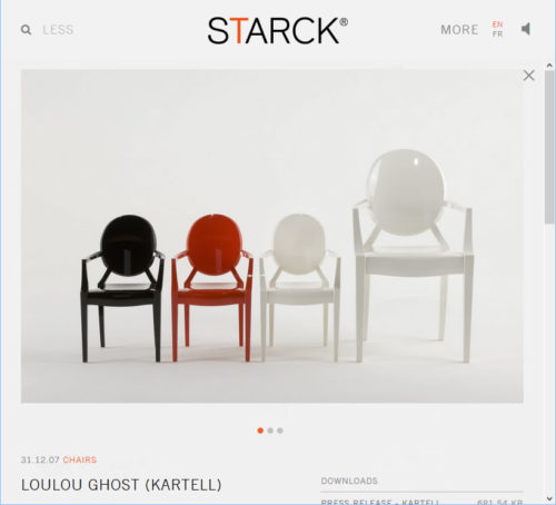 Pillippe Starck's website shows Loulou Ghost Chairs, smaller versions of the original Ghost Chair.