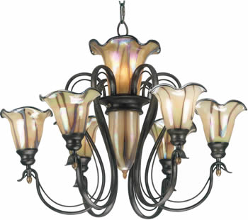 Kenroy Home 90896TS Inverness Art Nouveau Chandelier with Pale iridescent art glass, swirled with tan, milk and chocolate, finished with a chromium glass rim