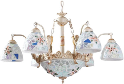 Sanguine Sunny SSDJ433 Mermaids and Seashells 6-Light Chandelier - Iridescent glass takes on all the colors of the seashore, yellow, blue, green and pink hues.