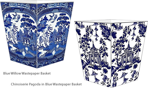 Blue Willow Wastepaper Basket and Chinoiserie Pagoda in Blue Wastepaper Basket by Marye-Kelley - Blue Willow Bathroom Accessories - myDesign42