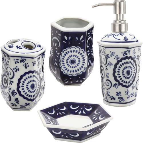 Blue and White 4-Piece Ceramic Bathroom Accessories Set - Blue Willow Bathroom Accessories - myDesign42