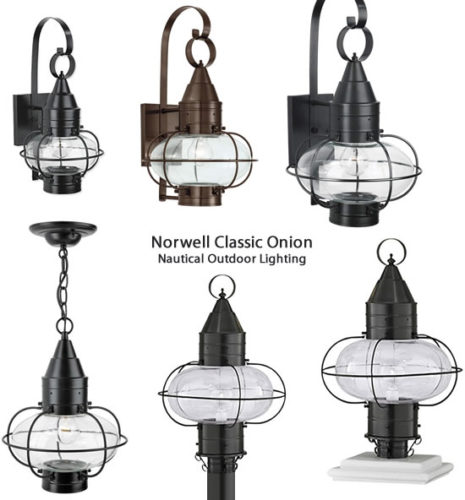Norwell Classic Onion Nautical Outdoor Lighting - Featuring the rounded shape of an onion, encapsulated by impressively hand-crafted brass, the Cottage Onion Post fixture is an eye-catching piece ideal for entryways and rustic exteriors. The Cottage Onion series includes a small, medium and large sizes and wall-mount options. - Ship Lights – Three Styles - myDesign42