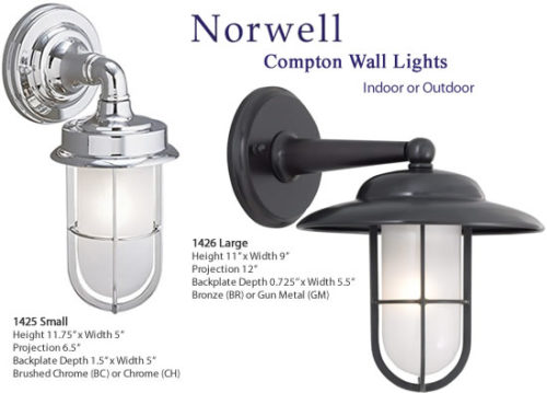 Norwell Compton Indoor or Outdoor Wall Lights The Compton Wall lamps are inspired by security lights aboard ships and on the docks. Two variations are available in Chrome or Brushed Chrome, Bronze or Gun Metal finish. - Ship Lights – Three Styles - myDesign42