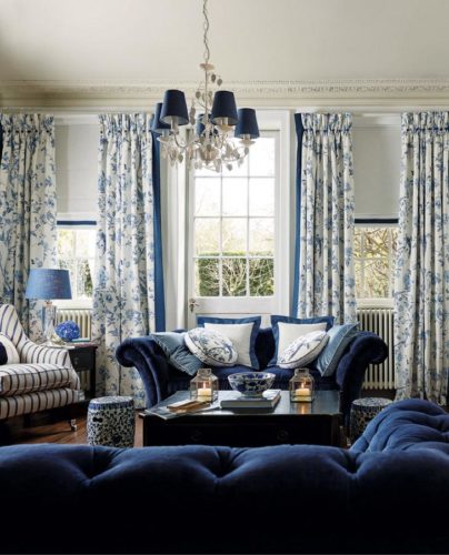 Drapes in Laura Ashley Summer Palace in this perfect Blue and White Living Room