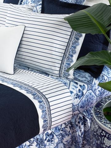 Ralph Lauren Jonquil Striped Sheets and pillow cases, Palm Harbor dust ruffle with solid navy coordinates