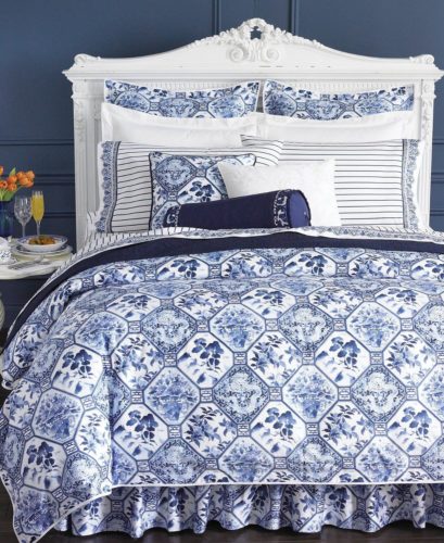 Bed made with Ralph Lauren Bedding in Porcelain Blue. I think the Sheets are the Dorsey pattern. The comforter is Ralph Lauren Palm Harbor. - Ralph Lauren Chinoiserie