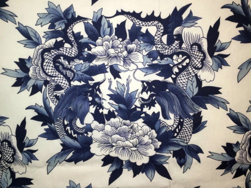 Ralph Lauren Chinese Pattern in Blue and White with stylized flowers, leaves and Chinese dragons or sea serpents - Ralph Lauren Chinoiserie