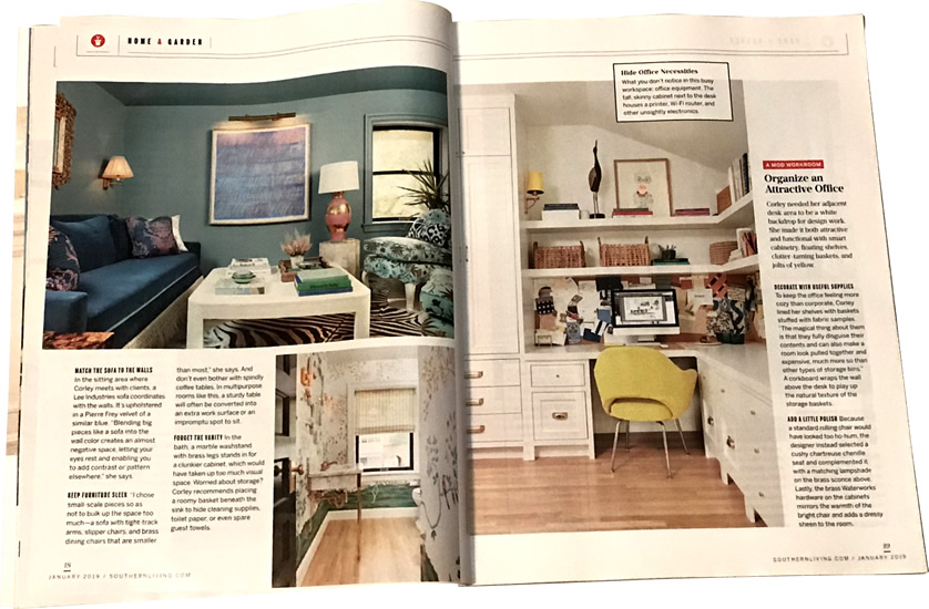 Match the Sofa to the Walls and Organize and Attractive Office Pretty Snug, Southern Living January 2019 - Rules for Cottage Style— My Design42