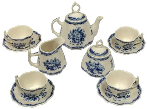Blue Rose Botanical Floral Antique Reproduction Transferware Porcelain Tea Set from the Madison Bay Company