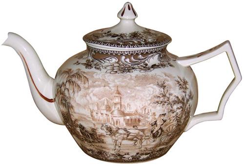 The teapot from the Brown and White Charleston or Carolina Pattern Antique Reproduction Transferware Porcelain Tea Set with Tray from the Madison Bay Company