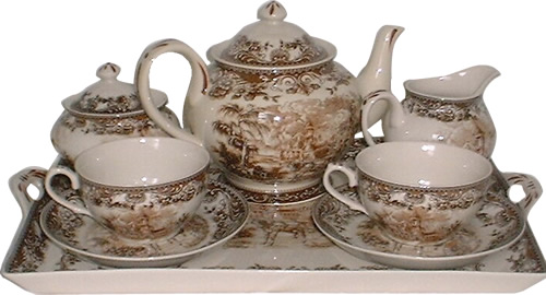 Brown and White Charleston or Carolina Pattern Antique Reproduction Transferware Porcelain Tea Set with Tray from the Madison Bay Company