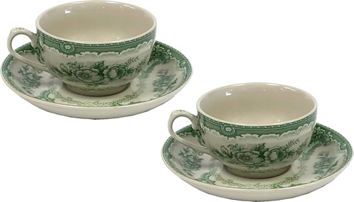 The tea cups and saucers from the Gondola Green Pattern Antique Reproduction Transferware Porcelain Tea Set with Tray from the Madison Bay Company