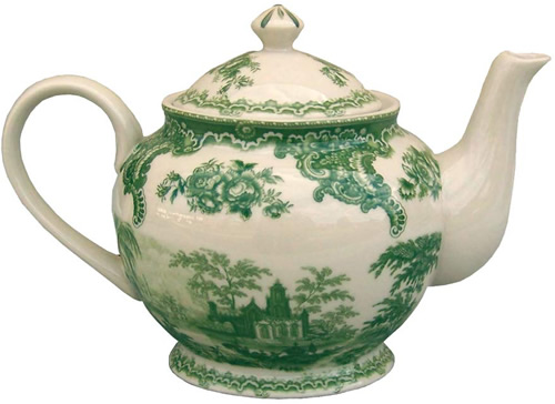 The teapot from the Gondola Green Pattern Antique Reproduction Transferware Porcelain Tea Set with Tray from the Madison Bay Company