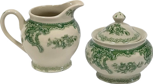 Cream Pitcher and Sugar Bowl from the Gondola Green Pattern Antique Reproduction Transferware Porcelain Tea Set with Tray from the Madison Bay Company