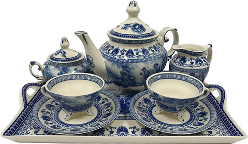 Madison Bay Co 16 Pagoda Blue/White Transferware Porcelain Tea Set with Tray Antique Reproduction 