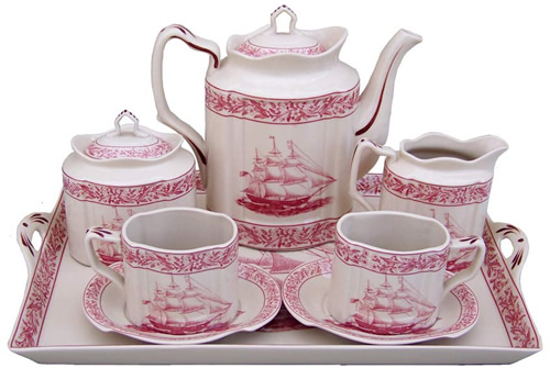Red Nautical Rose Antique Reproduction Transferware Porcelain Tea Set with Tray from the Madison Bay Company