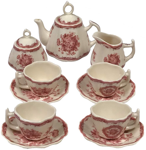 Red Rose Botanical Floral Antique Reproduction Transferware Porcelain Tea Set from the Madison Bay Company