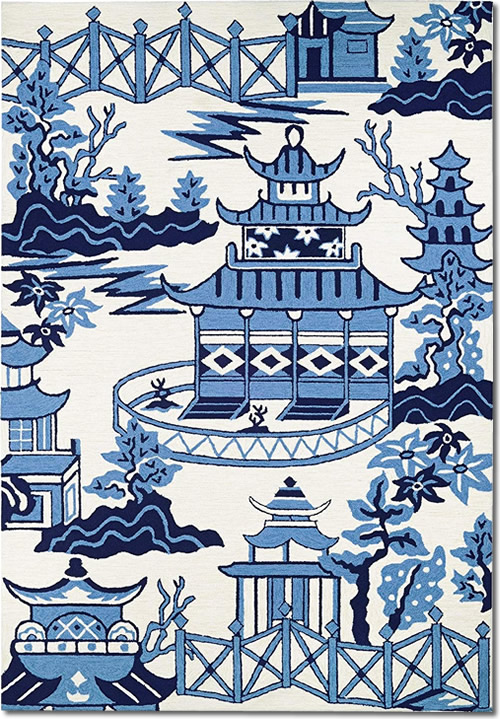 Hand-hooked Blue and Off-white Asian Motif Area Rugs - Indoor/Outdoor Blue Willow Pagoda Rugs from Dream Decor