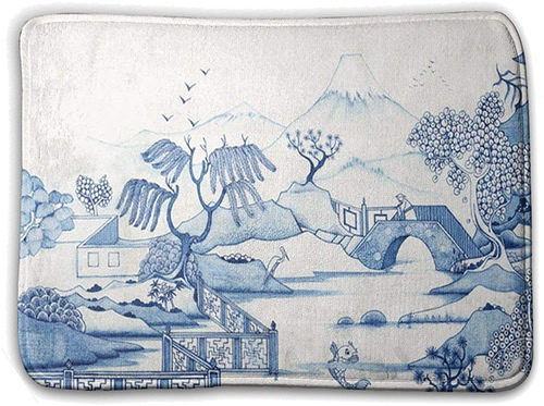 Blue Willow Scene - Blue and White Chinoiserie Memory Foam Mats