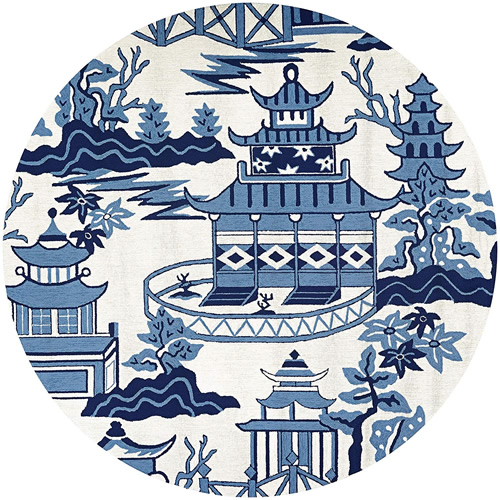 Hand-hooked Blue and Off-white Asian Motif Area Rugs - Round Indoor/Outdoor Blue Willow Pagoda Rug from Dream Decor